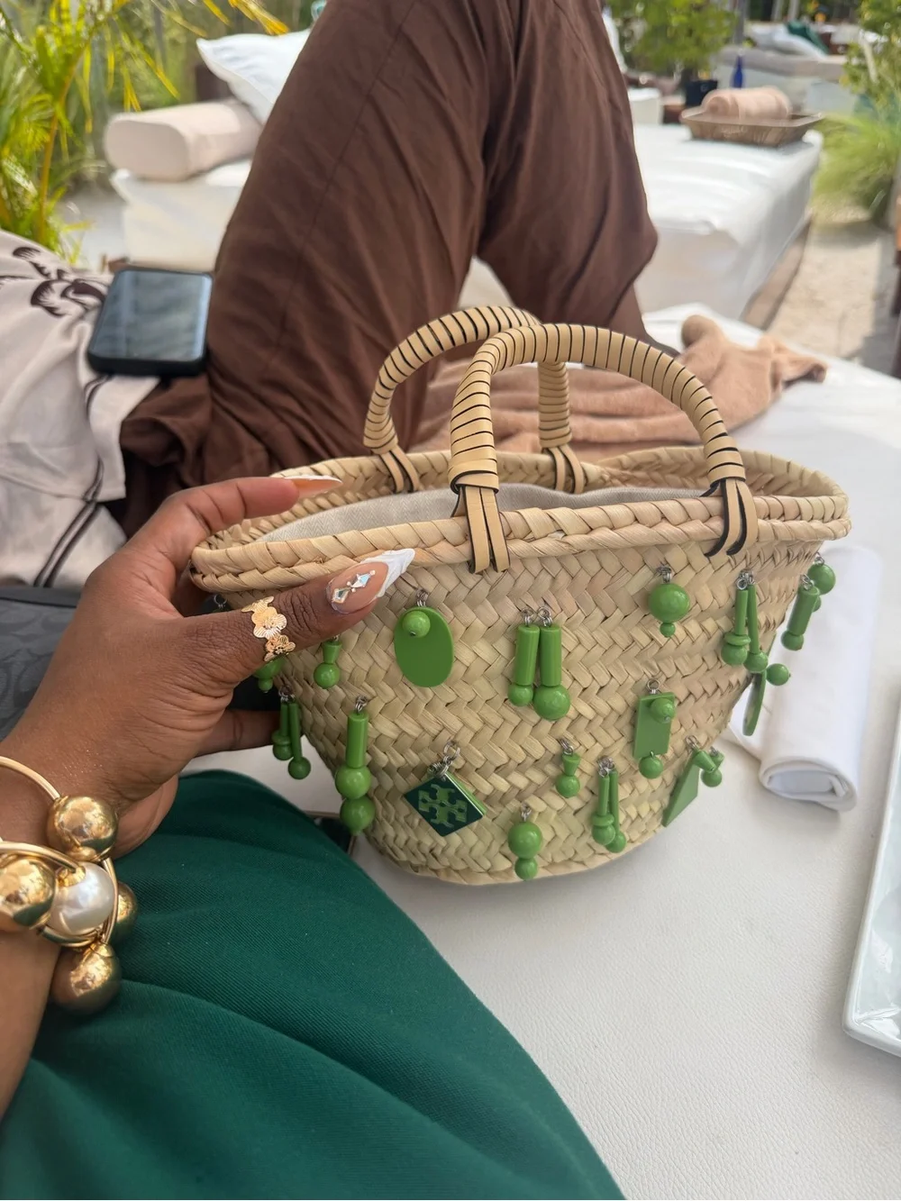 Tory Burch Natural Straw Tote with Lime Green Charm Accents